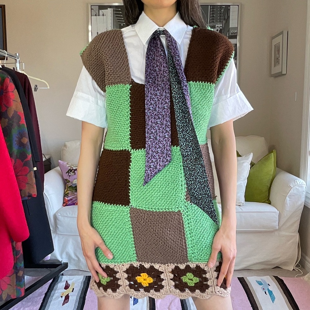 Redesigned large checkerboard granny square crochet trim minidress